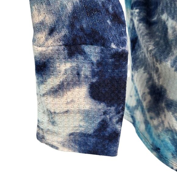 Three Bird Nest Medium Blue White Tie Dye Top Cowl Neck Waffle Knit USA MADE - Picture 11 of 14